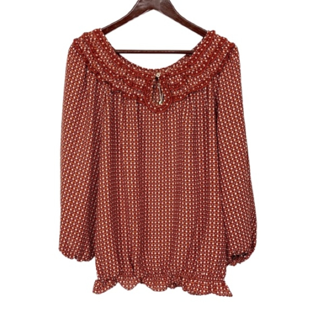 Max Studio Rust White Geometric Print Smocked Boho Peasant Top Blouse New Nwt XS